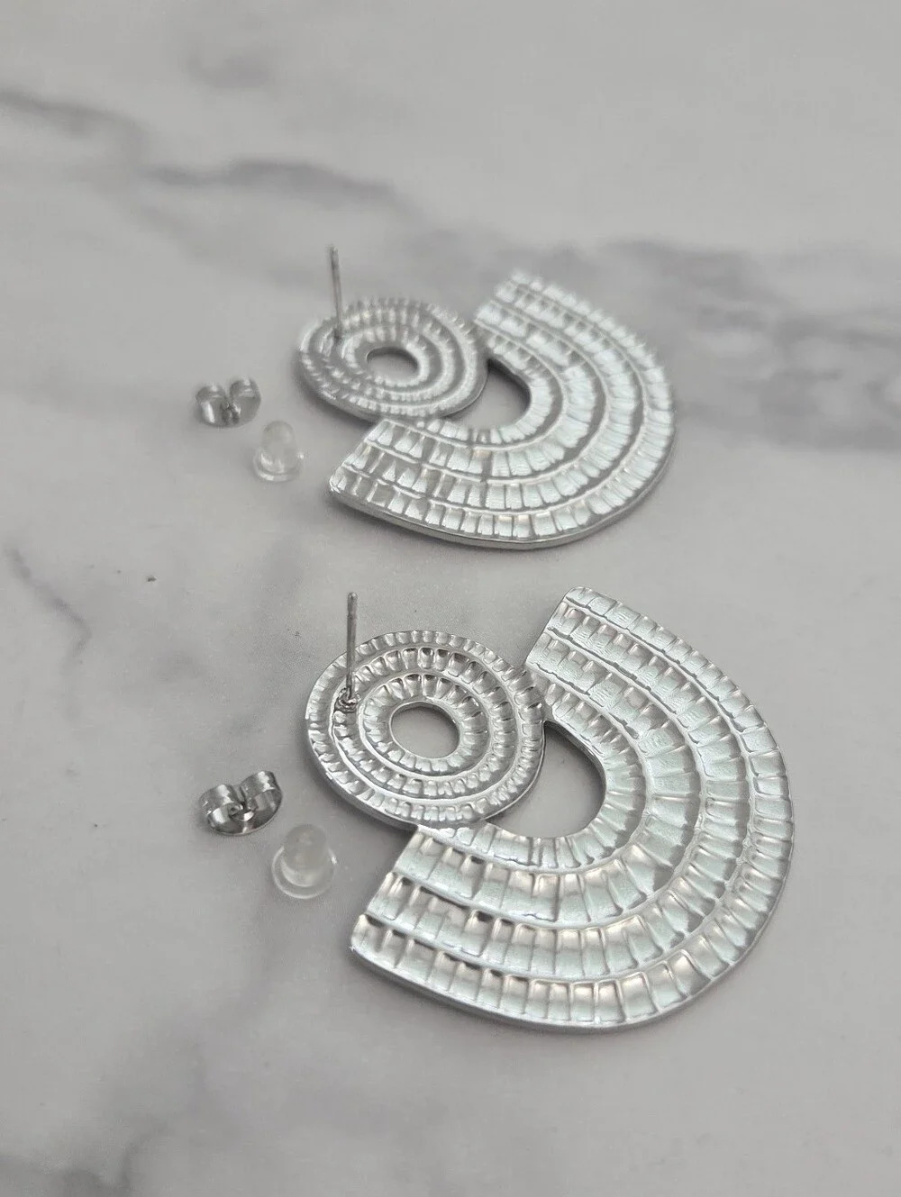 Stainless Steel Silver Textured Fan Dangle Earrings - Picture 8 of 14